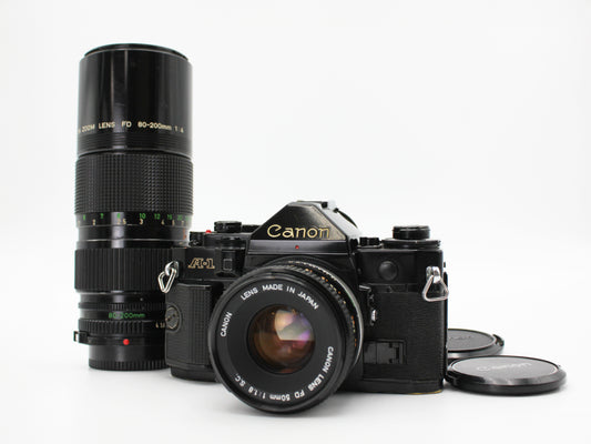 Canon A-1 SLR Film Camera FD 50mm F1.8 80-200mm f/4 Lens From JAPAN【Exc+4】