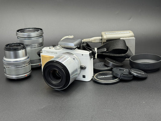 Olympus PEN Lite E-PL5 White 16.5 MP DSLR Camera 14-42/40-150/60 3 Lenses【Exc+4】