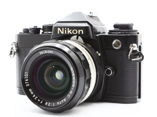 Nikon FE Black 35mm SLR Film Camera Nikkor N.C 24mm f/2.8 from Japan【Exc+4】
