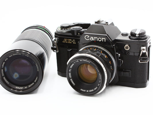 Canon AE-1 Film Camera Black FL 50mm f/1.8 NFD 100-200mm f/5.6 Lens JAPAN【Exc+3】