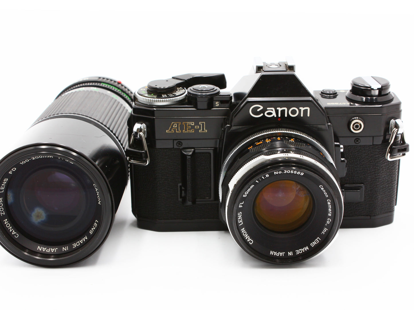 Canon AE-1 Film Camera Black FL 50mm f/1.8 NFD 100-200mm f/5.6 Lens JAPAN【Exc+3】