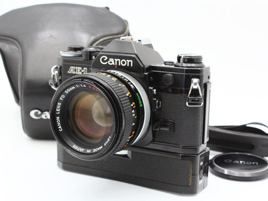 Canon AE-1 SLR Film Camera Black Power Winder A FD 50mm f/1.4 S.S.C. Lens【Exc+4】